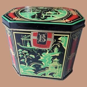 Vintage 1950s Chinoiserie Hinged Lid Tin Canister for Bristow of Devon Candies